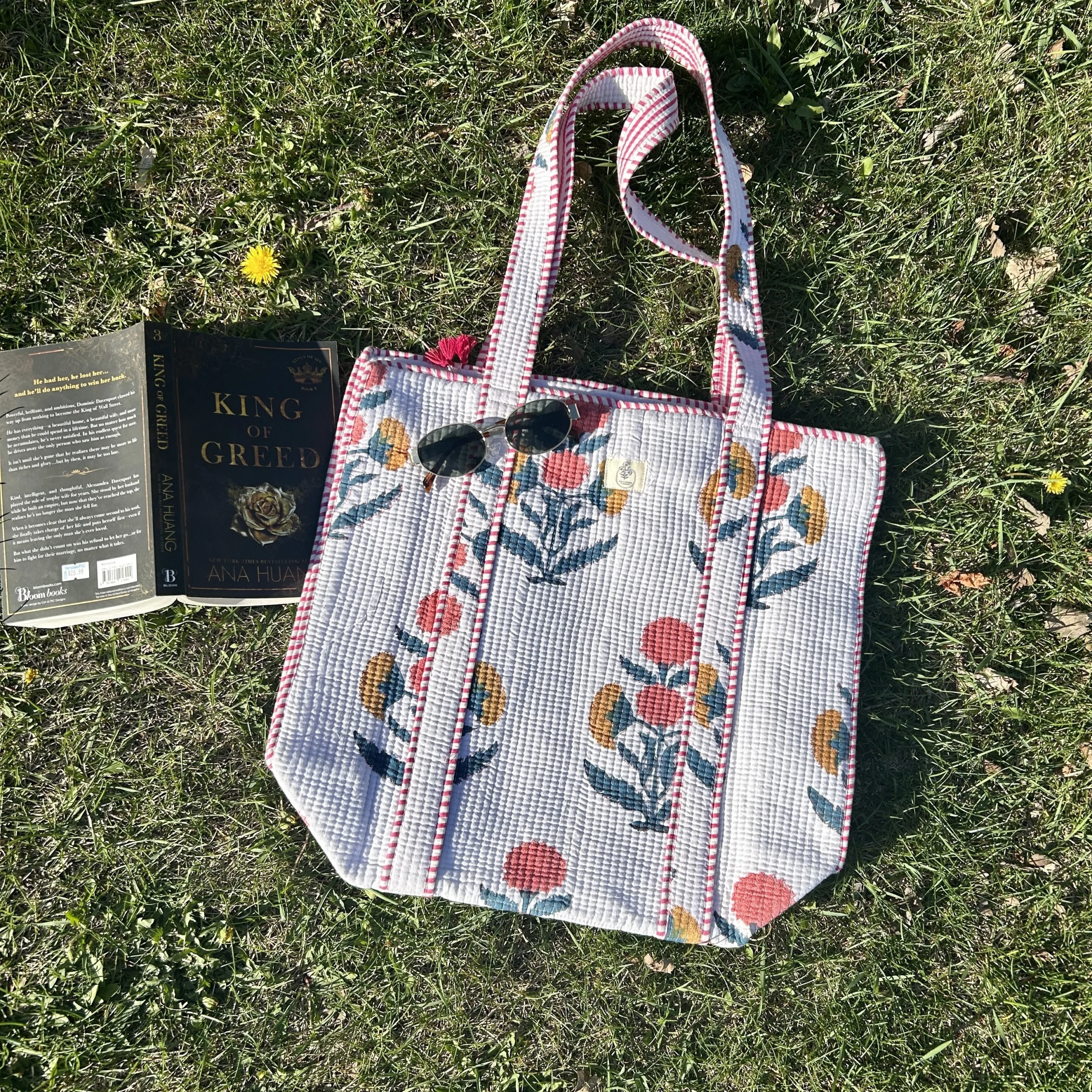 white floral tote bag