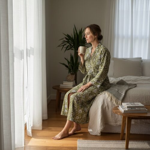 Hand block Printed Cotton Robe (Henna)