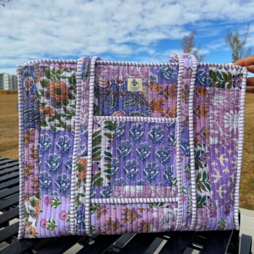 Handblock printed quilted patchwork Tote Bag (purple)