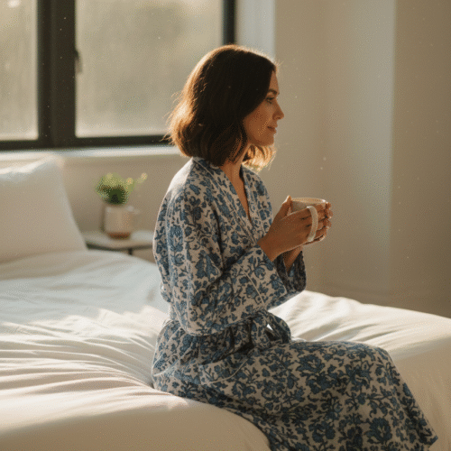 Hand block Printed Cotton Robe Blue