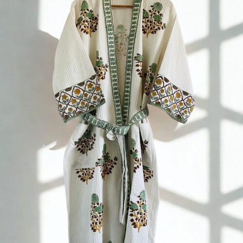 Handblock printed waffled cotton robe (Green Motifs)