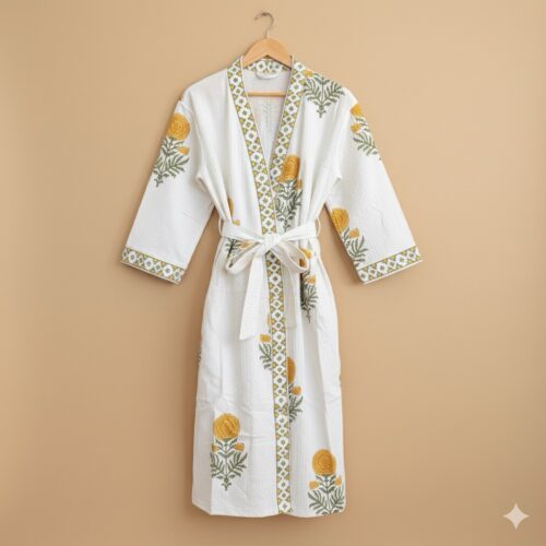 Handblock printed waffled cotton robe ( Marigold)