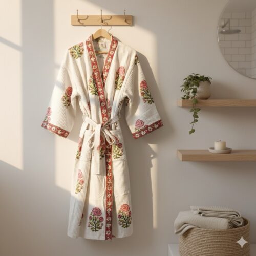 Handblock printed waffled cotton robe (Roses)