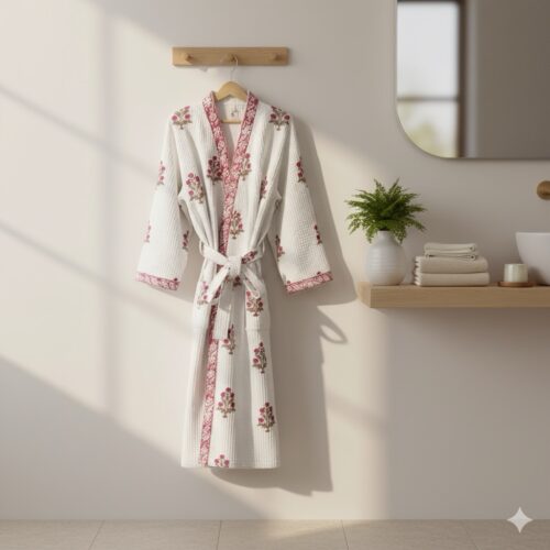Handblock printed waffled cotton robe (Small berries)