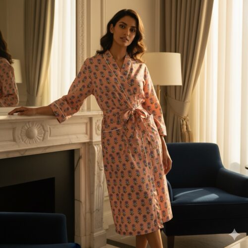Hand block Printed Cotton Robe (Peach floral)