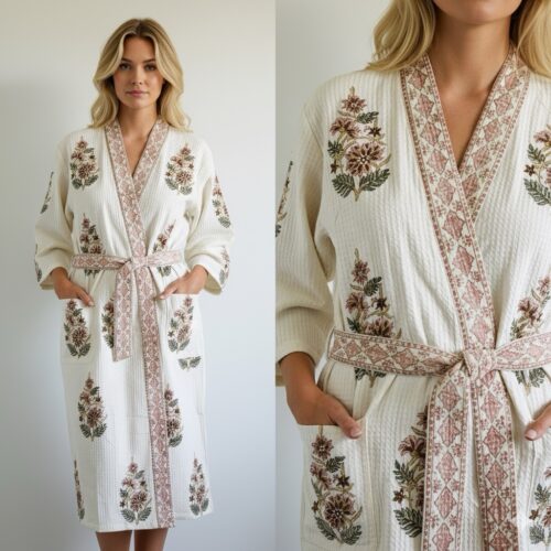 Handblock printed waffled cotton robe (Dusty petal)