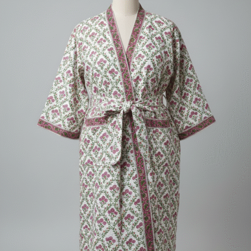 Plus sized Handblock printed waffled cotton robe (Rose Lattice)