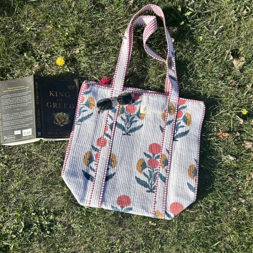 white floral tote bag